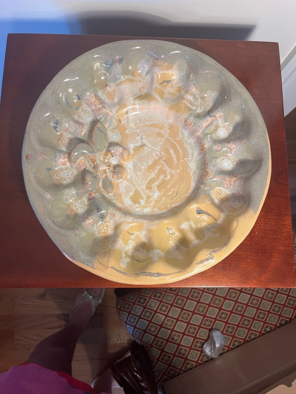 Fleur De Lis Ceramic Deviled Egg Plate - Pale Yellow, Green and Cream Glaze